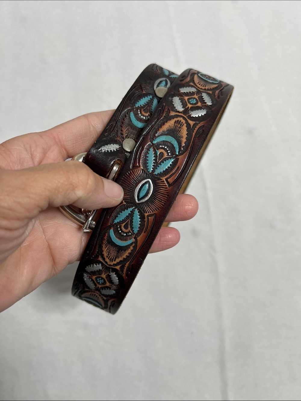 Tooled Leather Women’s Belt with Turquoise Accents